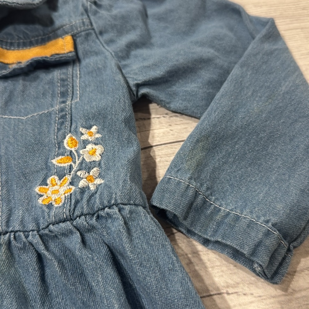 Little Lass Baby Girls Blue Denim Dress with Embroidered Floral Accents - Picture 4 of 5